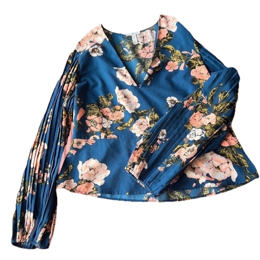 Leith Women's Floral Top Pleated Sleeve Peplum Surplice Blouse XL Blue Cottage